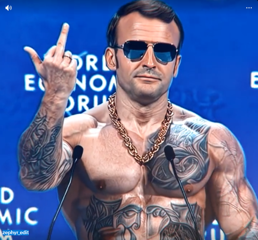 hot macron doin middle finger durin For Sure speech 